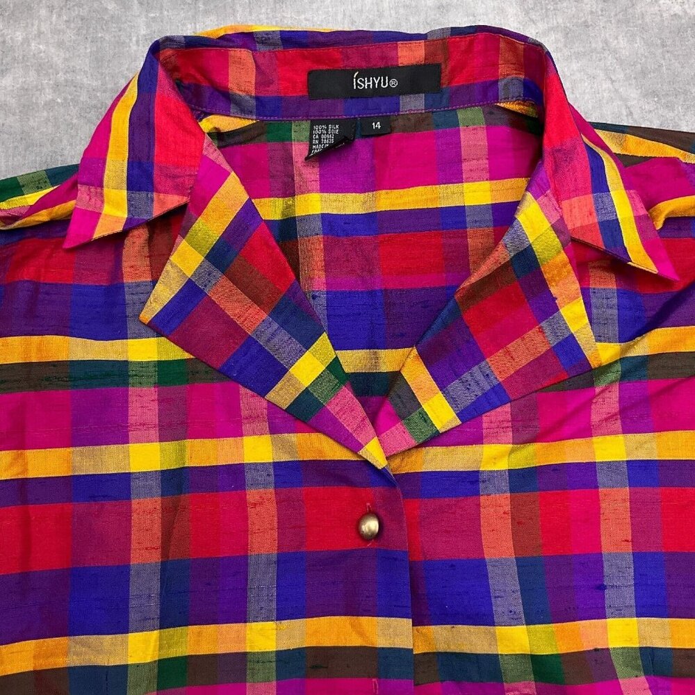 Ishyu Blouse Women‎ 14 Pink Blue Red Madras Plaid Gold Buttons Party Hong Kong - Picture 2 of 11